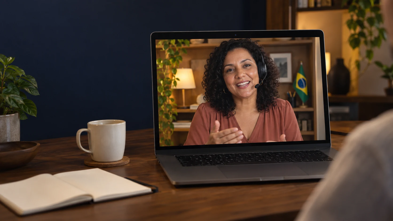 Representación ilustrativa de una conversación online con una profesora brasileña